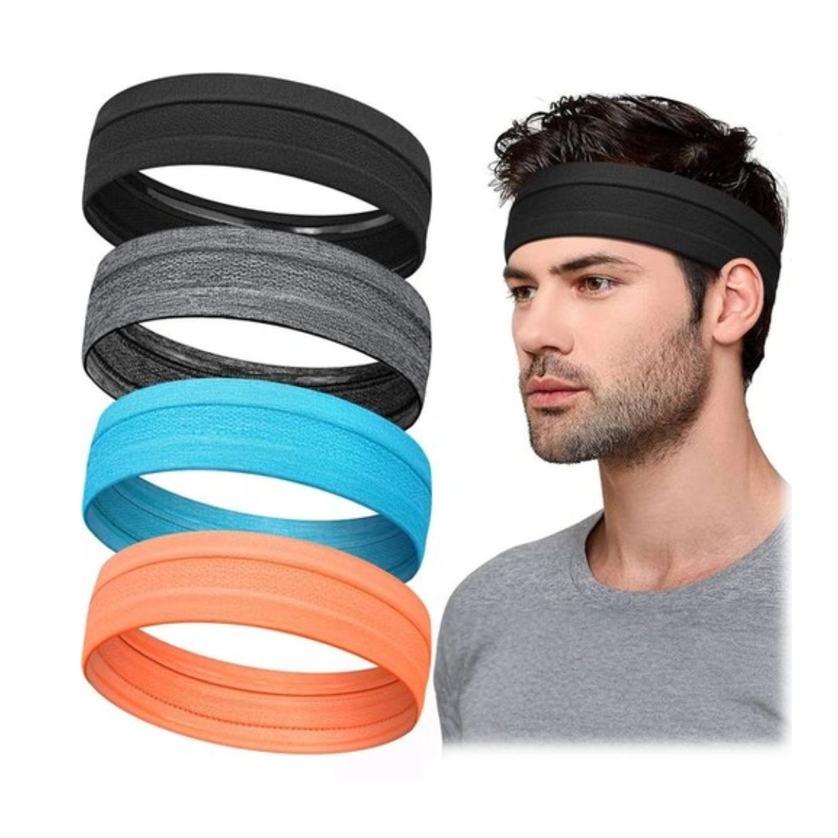 A man wearing a black headband with four others on display