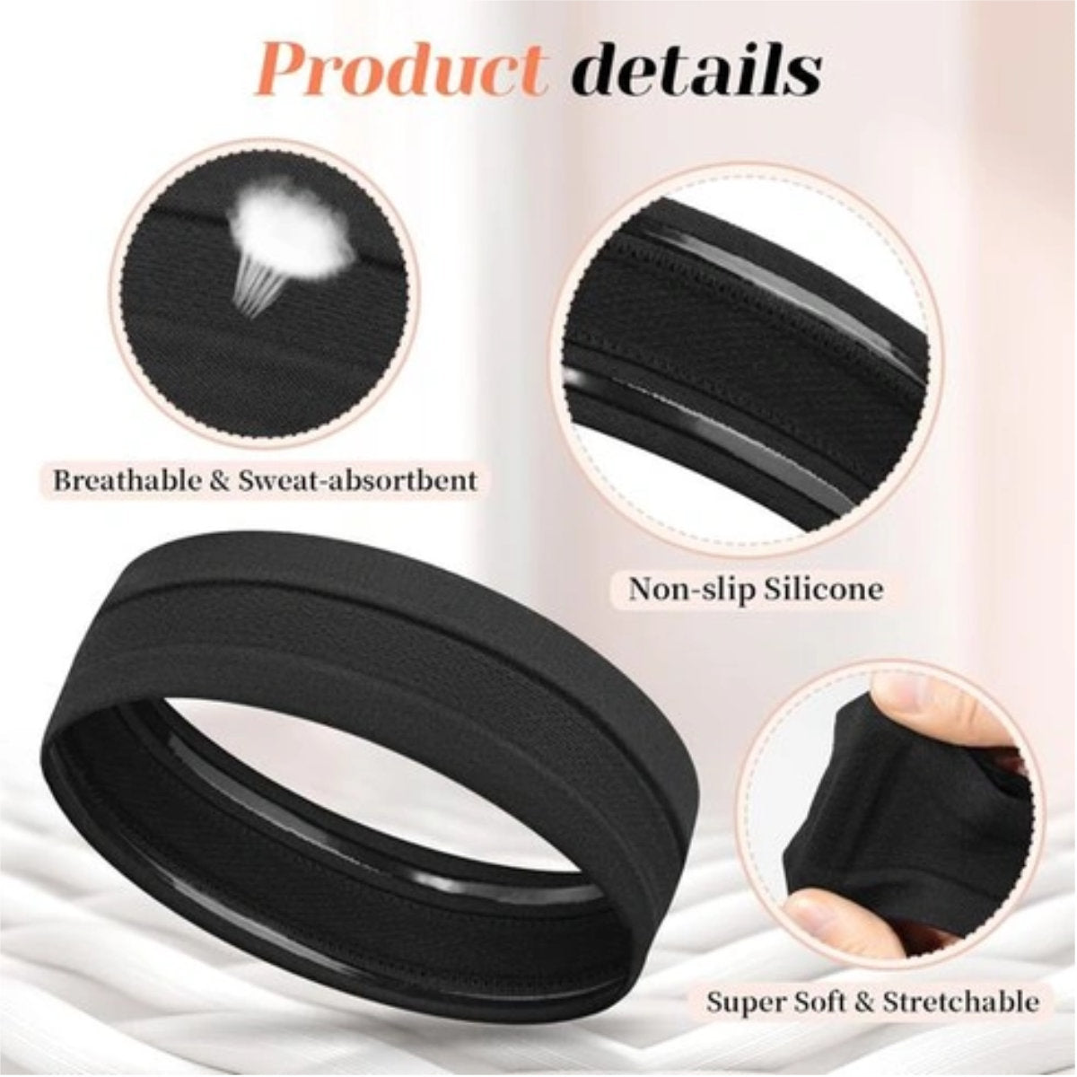 A black headband, sweat absorbent, non-slip and super soft, and stretchable.