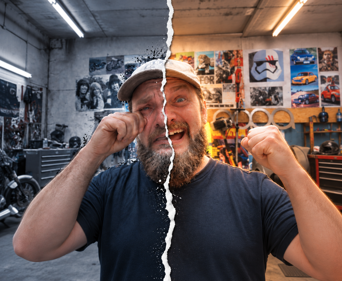 ManThings workshop update showing Pete split between frustration and excitement.
