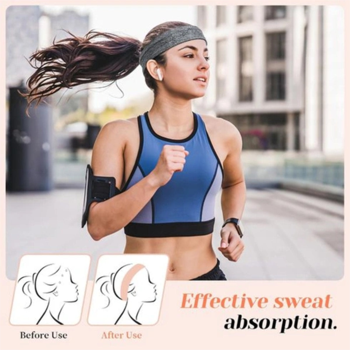 A woman wearing the black headband whilst running